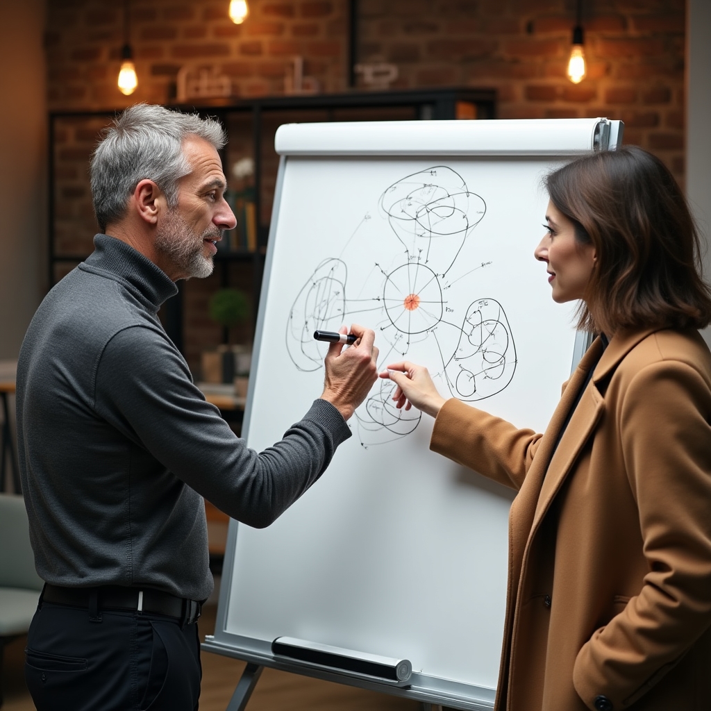 Sesiune de coaching cu whiteboard și planificare